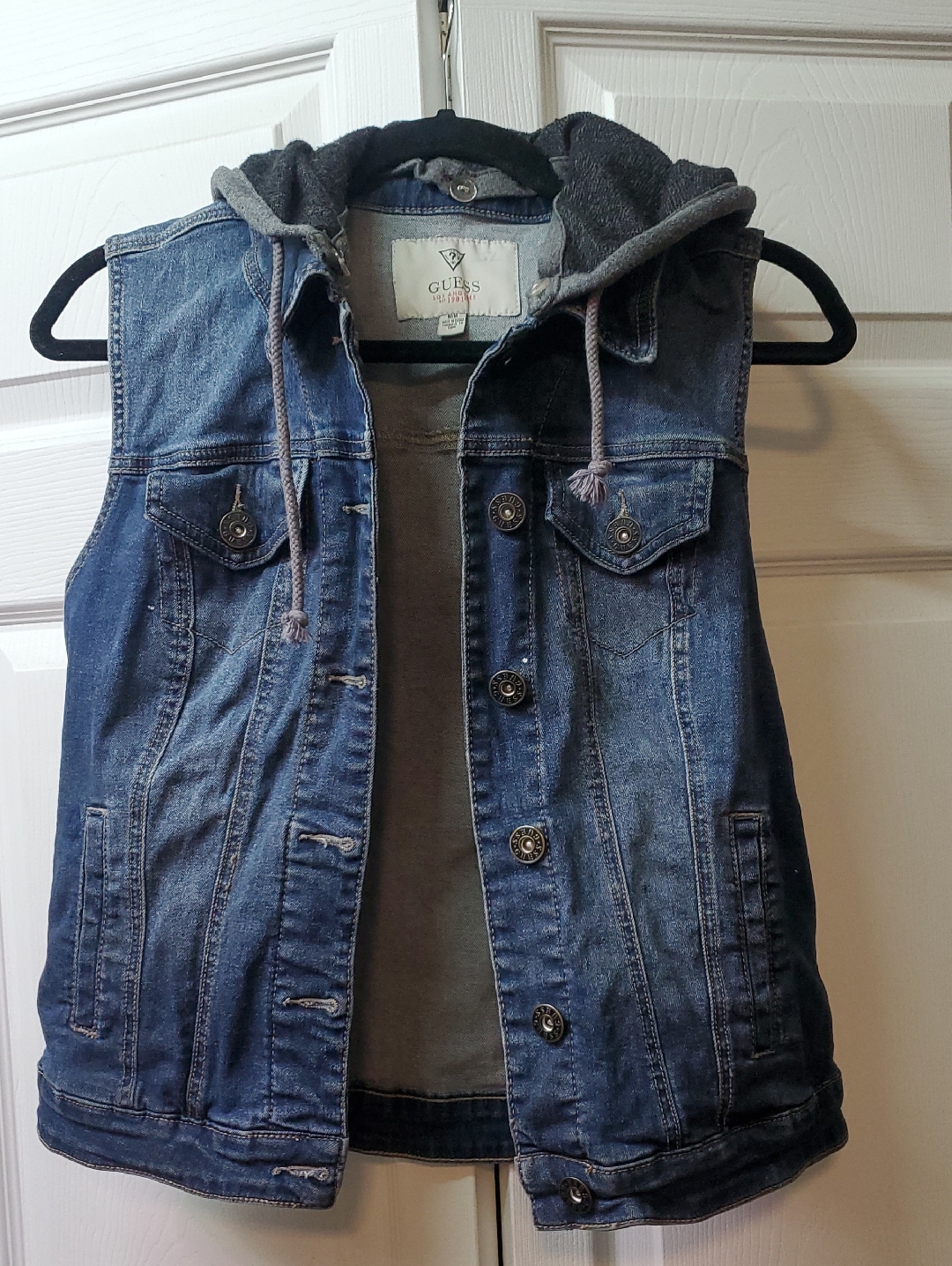 Guess Blue Denim Womans Vest With Removable Grey Hood